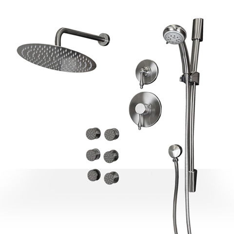 round brushed nickel shower set with body jets